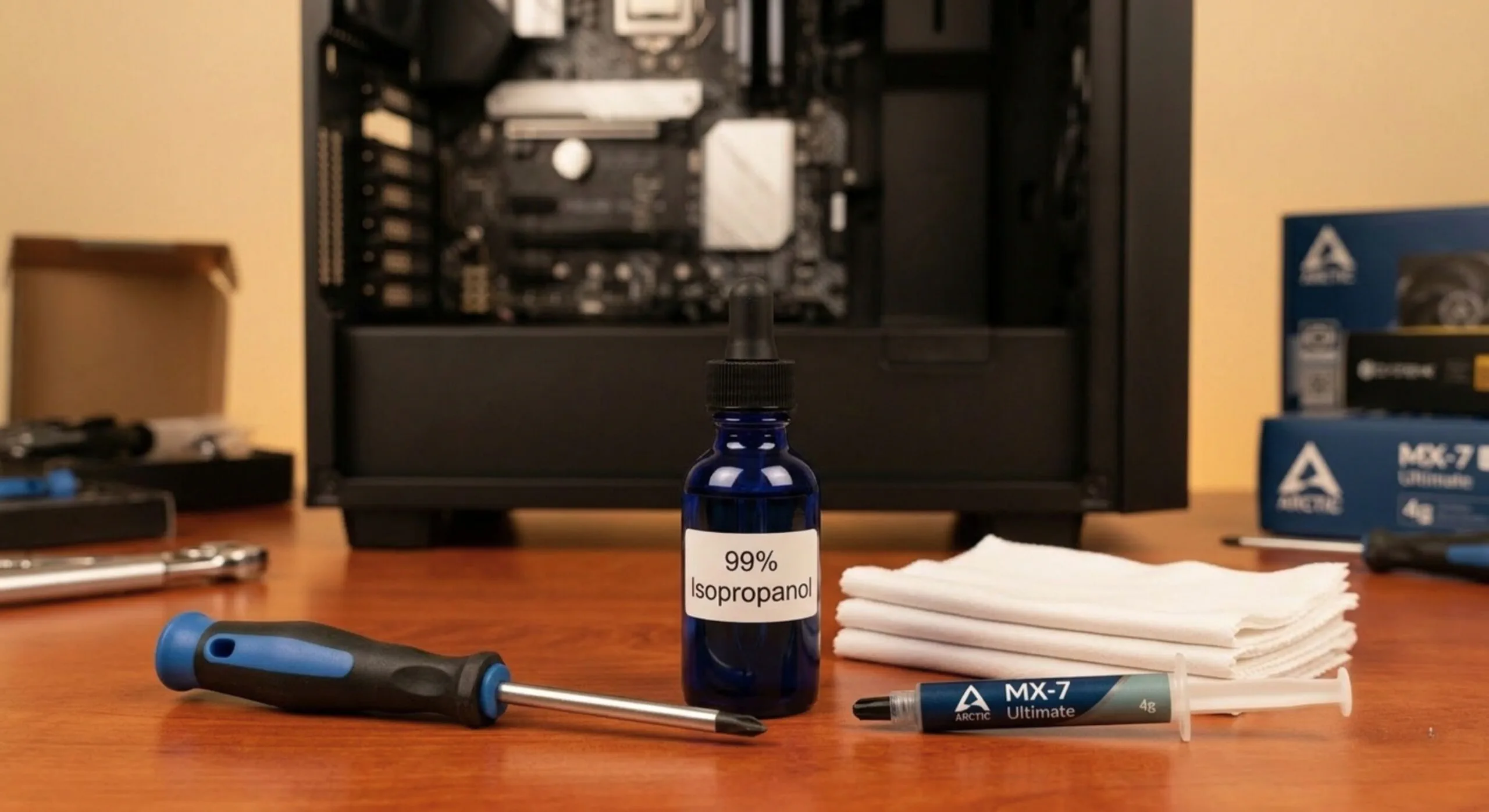 Een overzicht van de essentiële benodigdheden om veilig de koelpasta op je cpu te vervangen, inclusief Arctic MX-7 Ultimate, isopropanol en het juiste gereedschap.