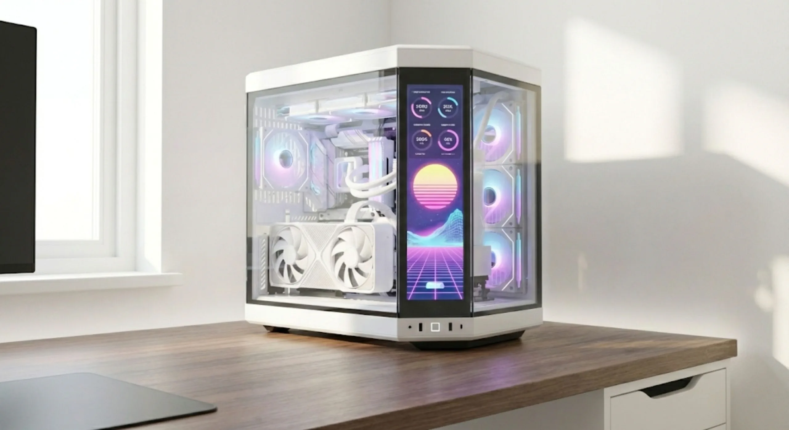 Witte fish tank PC case op een houten bureau met panoramisch glas en high-end componenten voor een 2026 build
