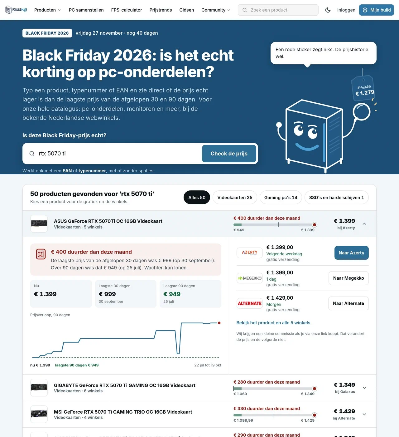 De Black Friday-check van PCBuildMate met een zoekopdracht naar de RTX 5070 Ti: zoekveld, prijsmeter en winkels