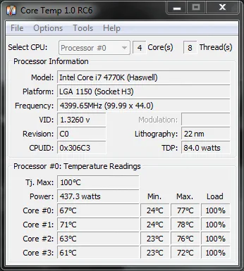 Screenshot van CoreTemp software die de CPU temperatuur per kern weergeeft in de Windows taakbalk, ideaal voor monitoring tijdens het gamen.
