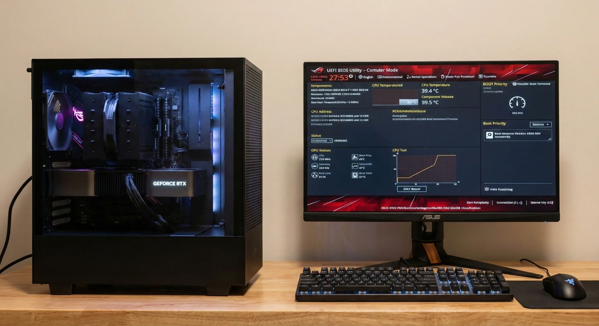 Een voltooide PC build naast een monitor met het BIOS scherm