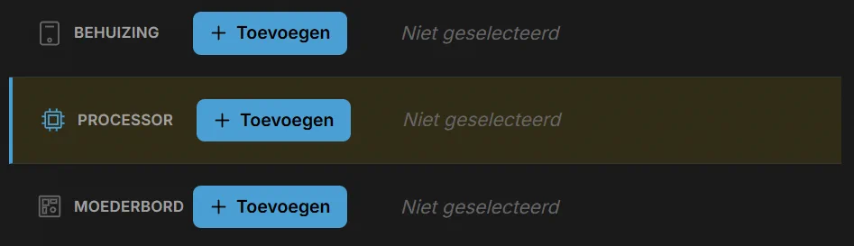 Overzicht van actuele processors zoals AMD Ryzen en Intel Core Ultra in de PC Samenstellen Tool.