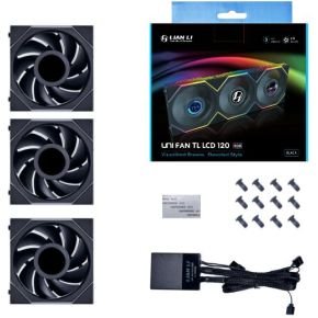 Lian Li Lian Li Uni Fan Tl Lcd 120 Argb Black -3-Pack - 120Mm - 62 Cfm - 300 - 1900 Rpm - 27 Dba - 1.6" Lcd Scherm 400X400 - Incl. Controller - Fdb - 4-Pin Pmw