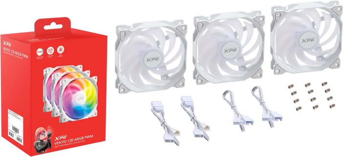 Xpg vento 120 pwm 3 pack white - XPG VENTO 120 ARGB PWM Triple Pack White 120mm Case Fan (White)