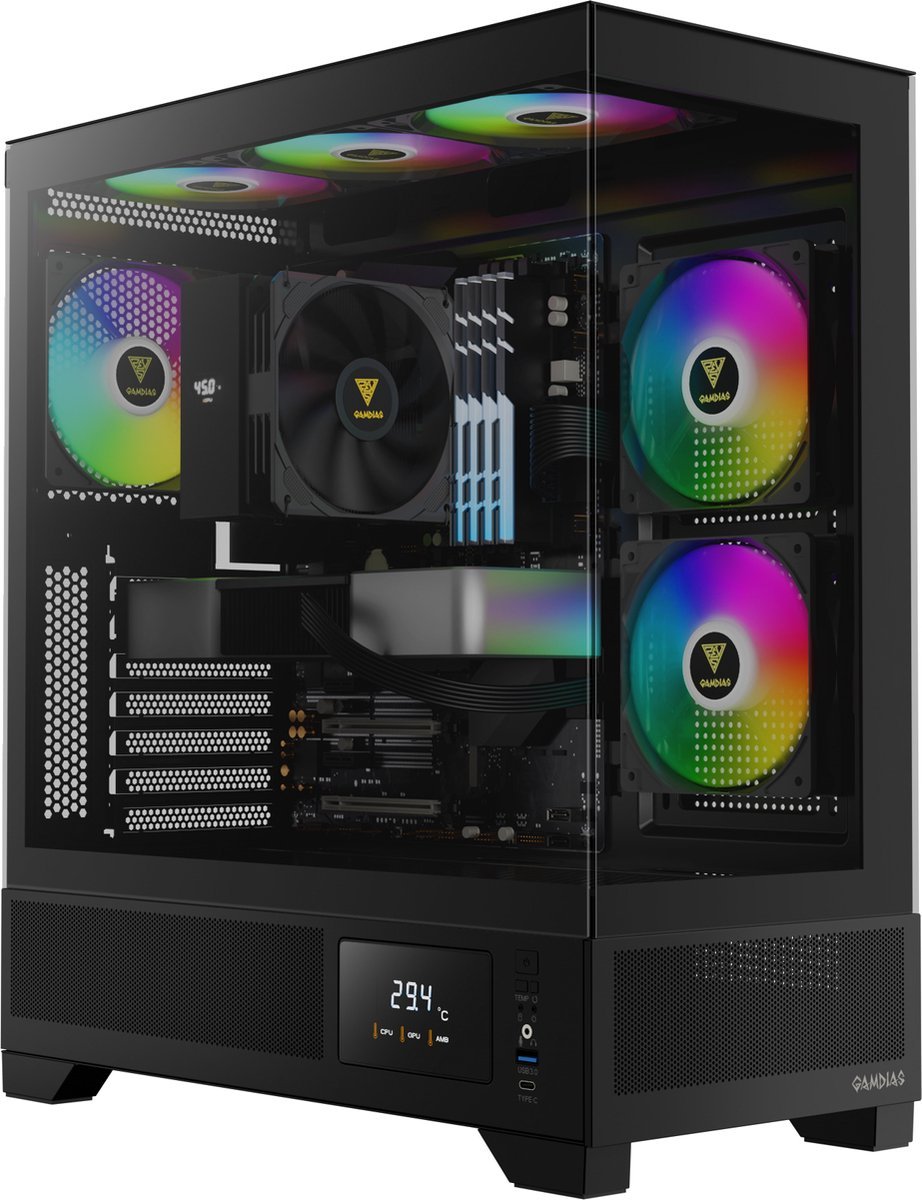 Gamdias Gamdias Atlas M1 Aquarium Gaming Case Met Temperatuur Display - Game Pc / Computer Behuizing - Argb / Rgb Led Verlichting - Zwart