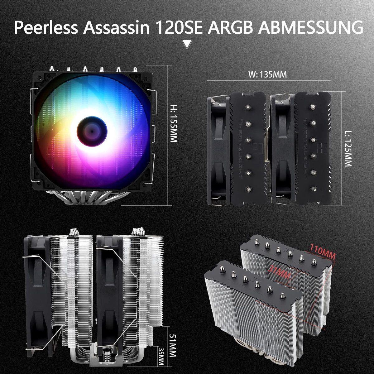 Thermalright Peerless Assassin 120 SE ARGB Dual Tower CPU Luchtkoeler met Dual 120mm PWM Ventilatoren en 6 Heatpipes - afbeelding 3