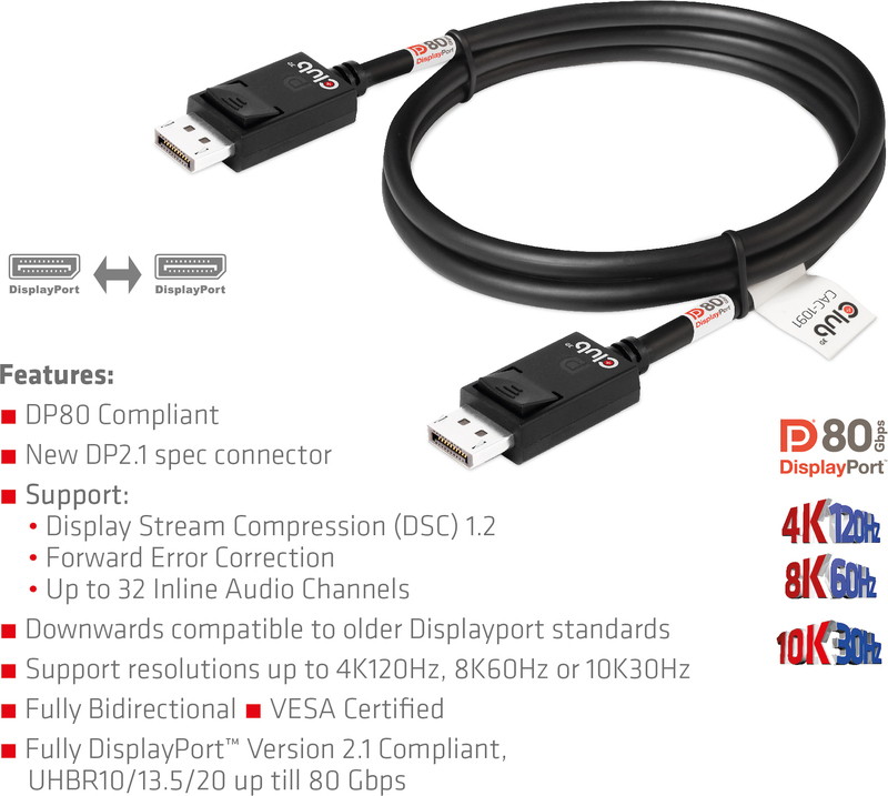 Club 3d club3d 2 1 4k 140hz kabel 5 orig - Club 3D CAC-1091 DisplayPort→DisplayPort 1,2 m DisplayPort-kabel