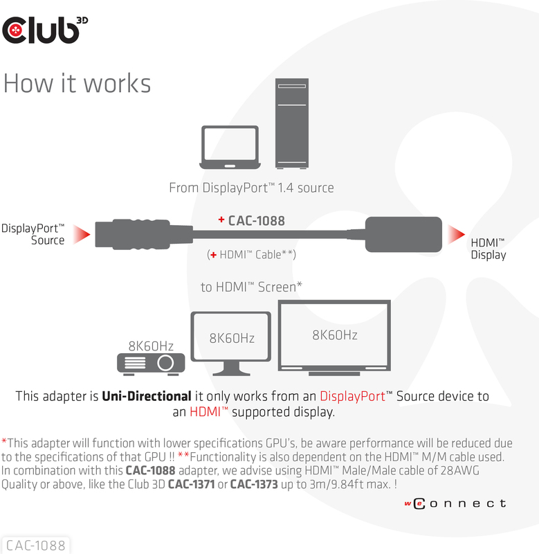 Club 3d club3d displayport1 4 to 4k120 5 orig - Club 3D CAC-1088 DisplayPort→HDMI 2.1 0,21 m Verloopstuk