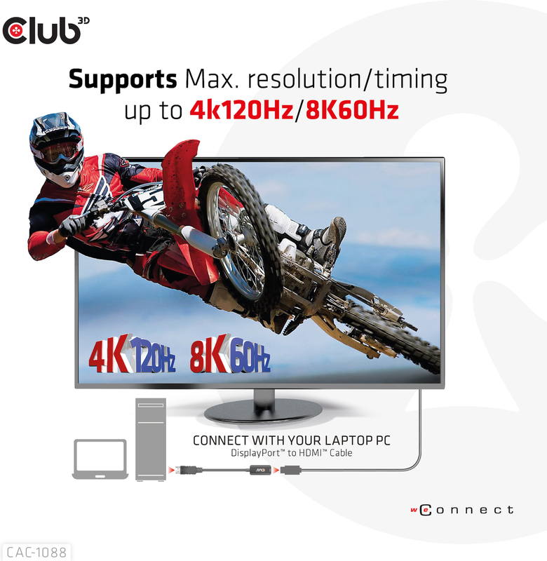 Club 3d club3d displayport1 4 to 4k120 6 orig - Club 3D CAC-1088 DisplayPort→HDMI 2.1 0,21 m Verloopstuk