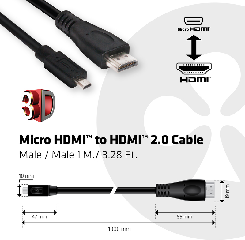 Club 3d club3d micro naar 2 0 4k60hz 2 orig - Club 3D CAC-1351 Micro-HDMI→HDMI 2.0 1 m HDMI-kabel
