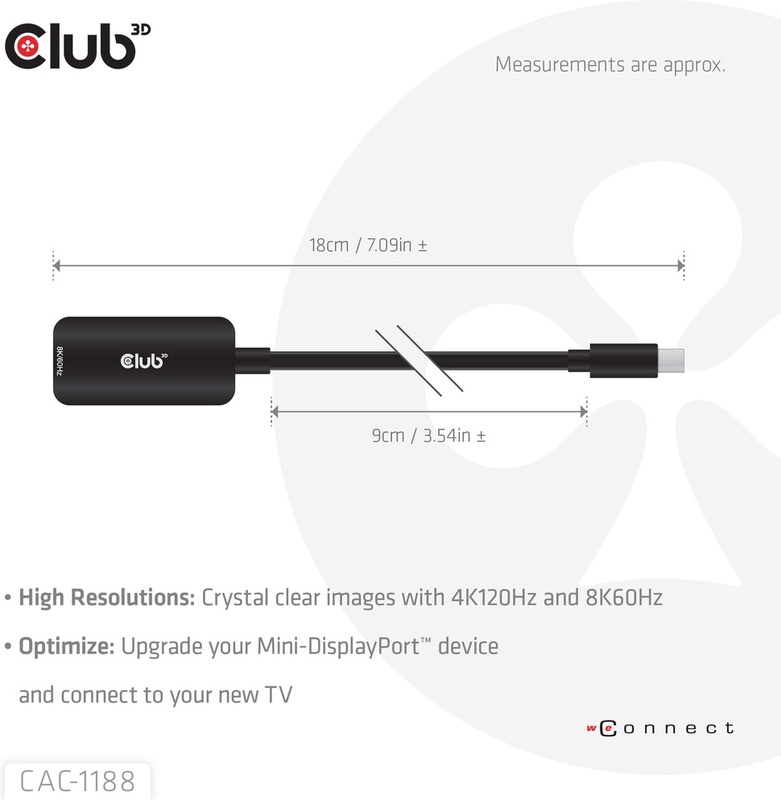 Club 3d club3d mini displayporttm 1 4 5 orig - Club 3D CAC-1188 Mini DisplayPort→HDMI 2.1 0,09 m Verloopstuk