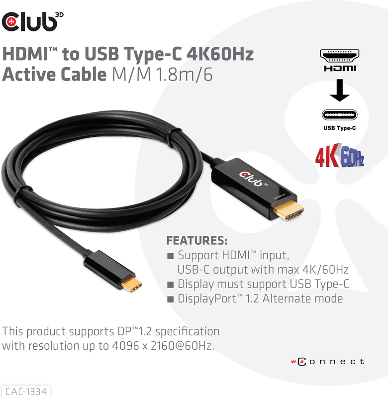 Club 3d club3d to usb type c 4k60hz 9566561 3 orig - Club 3D CAC-1334 HDMI→USB-C HDMI 2.0 1,8 m HDMI-kabel
