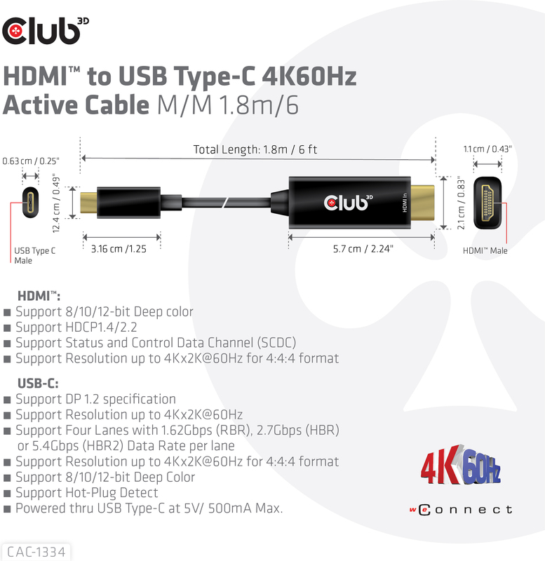 Club 3d club3d to usb type c 4k60hz 9566561 4 orig - Club 3D CAC-1334 HDMI→USB-C HDMI 2.0 1,8 m HDMI-kabel