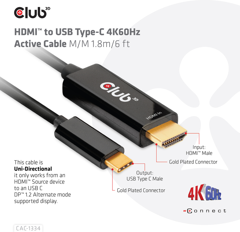 Club 3d club3d to usb type c 4k60hz 9566561 6 orig - Club 3D CAC-1334 HDMI→USB-C HDMI 2.0 1,8 m HDMI-kabel
