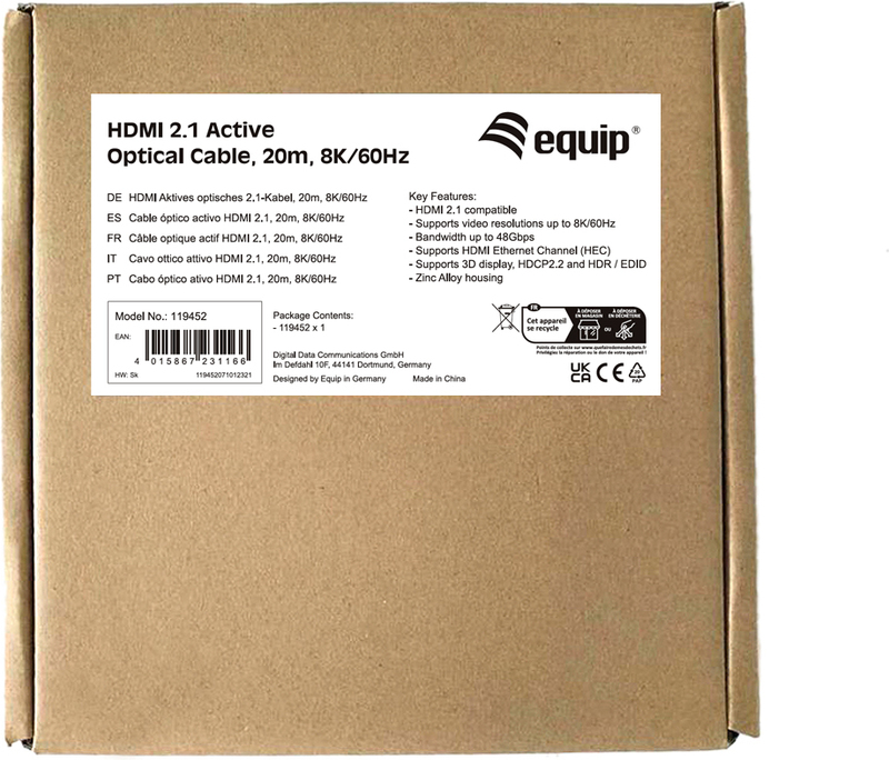Equip 119452 kabel 20 m type a 5 orig - Equip 119452 HDMI→HDMI 2.1 20 m HDMI-kabel