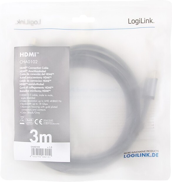 Logilink cha0102 kabel 3 m type a 3 orig - Logilink CHA0102 HDMI→HDMI 2.0 3 m HDMI-kabel