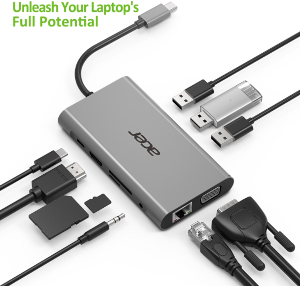Acer 10 in 1 laptop dock poortrepli 4 orig - Acer 10-In-1 Laptop Dock USB-C Poortreplicator (zilver)