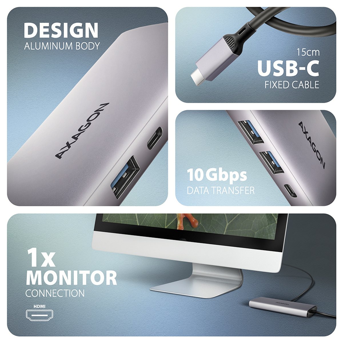 Axagon hmc 6g2l laptop dock poortrepl 7 orig - Axagon Hmc-6G2L Laptop Dock USB-C Poortreplicator (zilver)