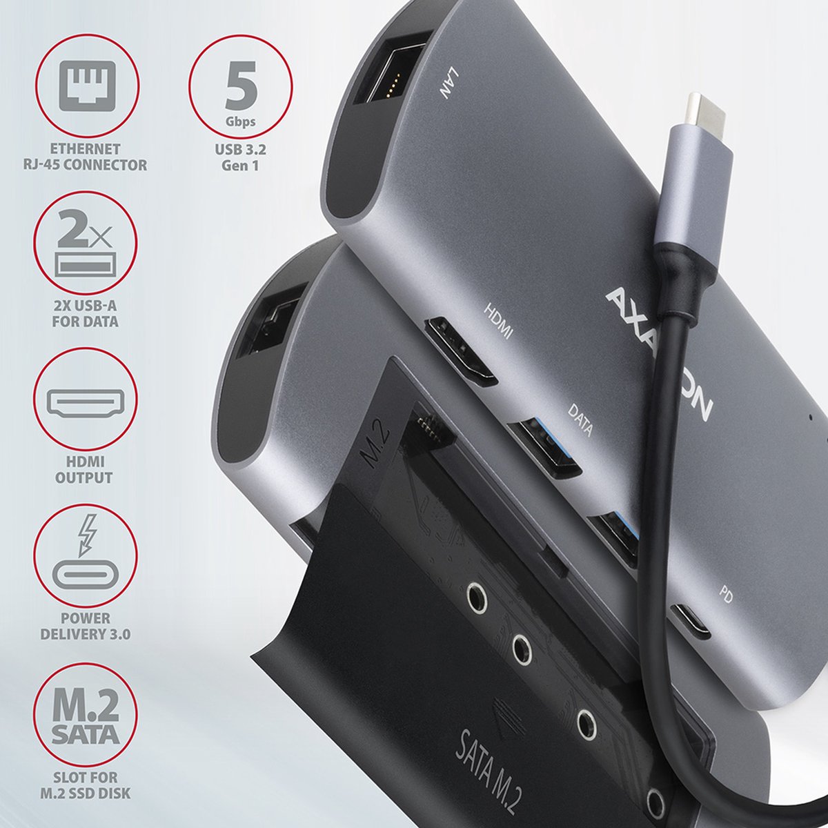 Axagon hmc 6m2 laptop dock poortrepli 5 orig - Axagon Hmc-6M2 Laptop Dock USB-C Dockingstation (grijs)