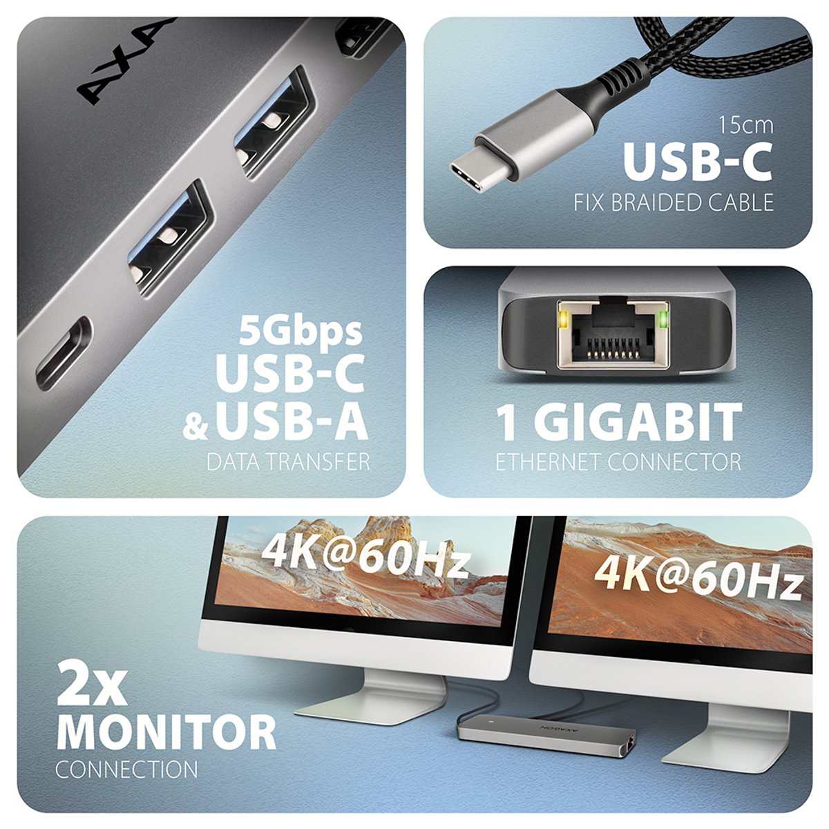 Axagon hmc 7hx2 laptop dock poortrepl 4 orig - Axagon Hmc-7Hx2 Laptop Dock USB-C Dockingstation (grijs)