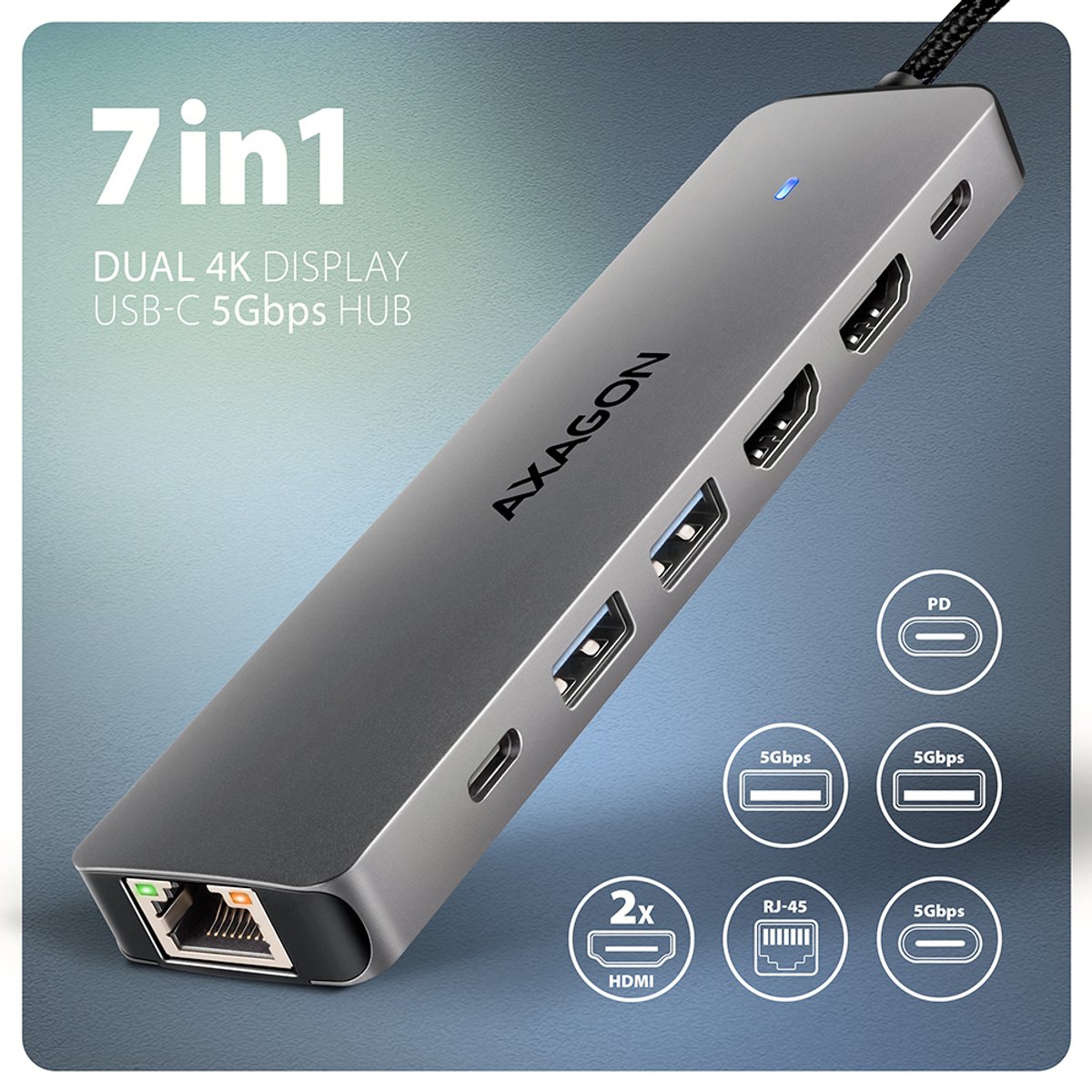 Axagon hmc 7hx2 laptop dock poortrepl 7 orig - Axagon Hmc-7Hx2 Laptop Dock USB-C Dockingstation (grijs)