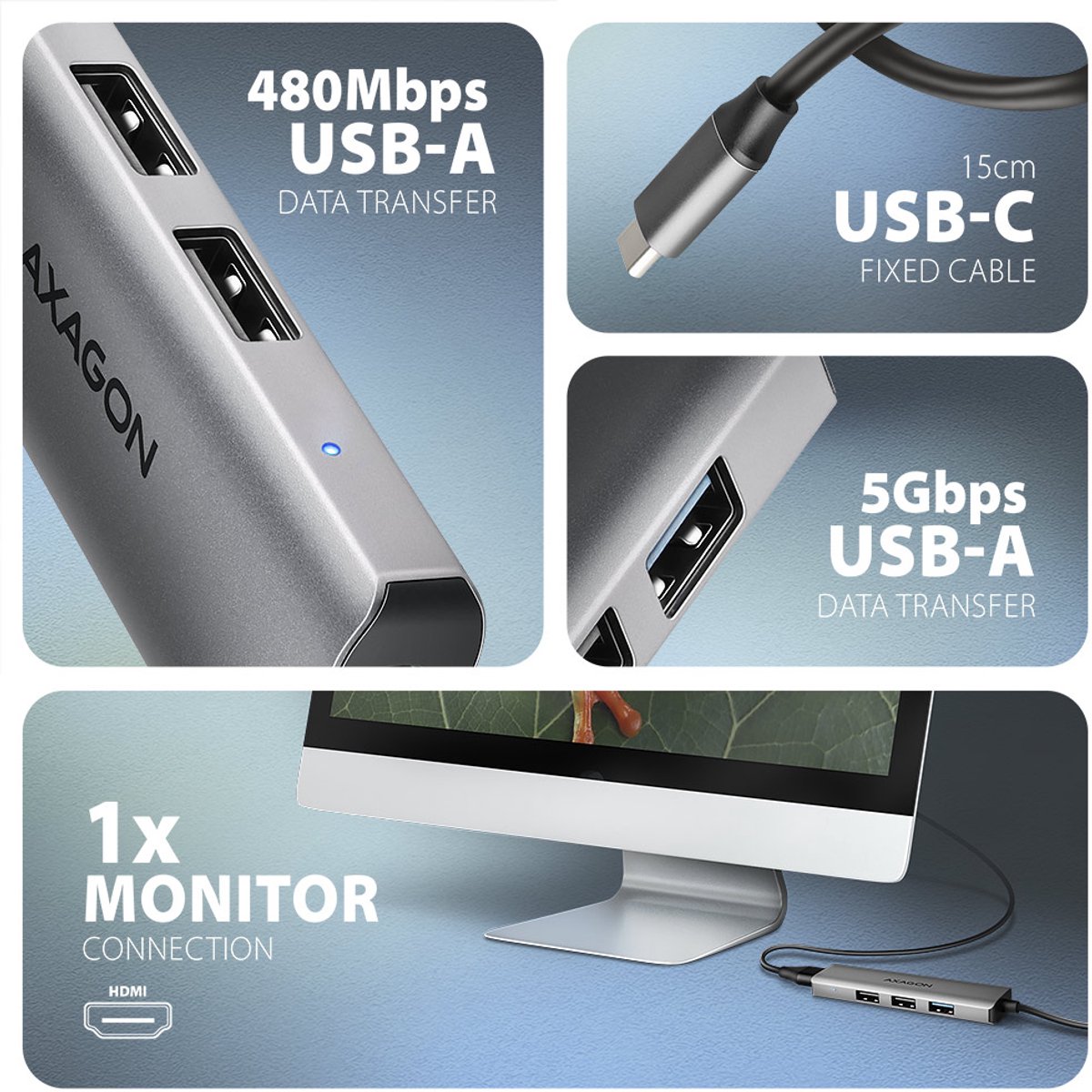 Axagon hmc h3a laptop dock poortrepli 3 orig - Axagon Hmc-H3A Laptop Dock USB-C USB-hub (zilver)