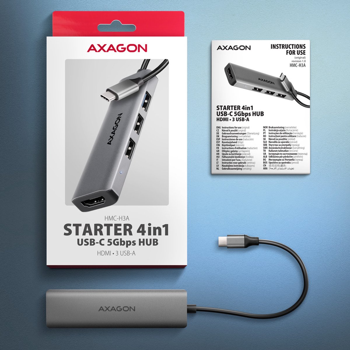 Axagon hmc h3a laptop dock poortrepli 4 orig - Axagon Hmc-H3A Laptop Dock USB-C USB-hub (zilver)