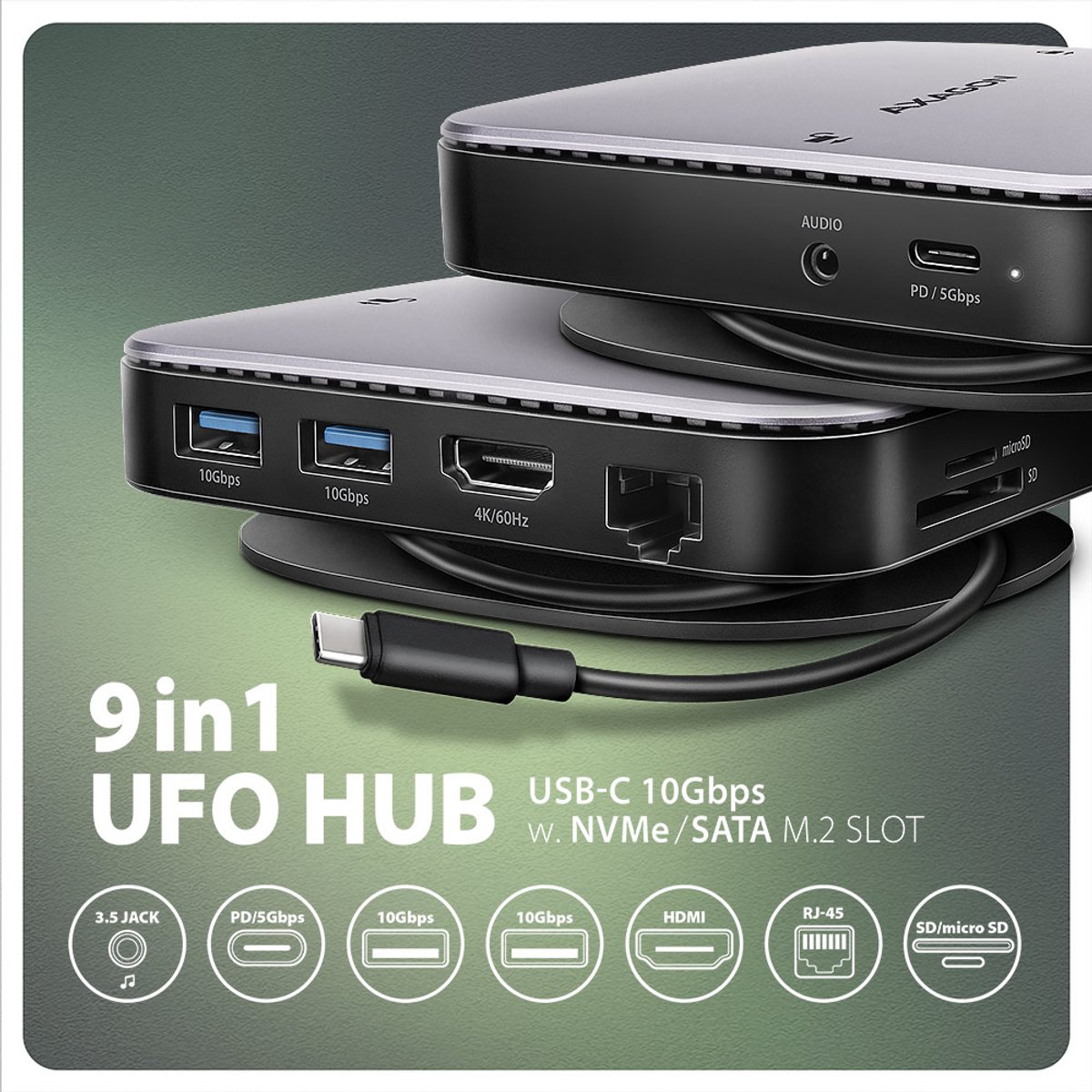 Axagon hmc ufo usb c hub m 7 orig - Axagon Hmc-Ufo Hub M.2 Sata/Nvme 1 Gbit/S USB-C Dockingstation (zwart)
