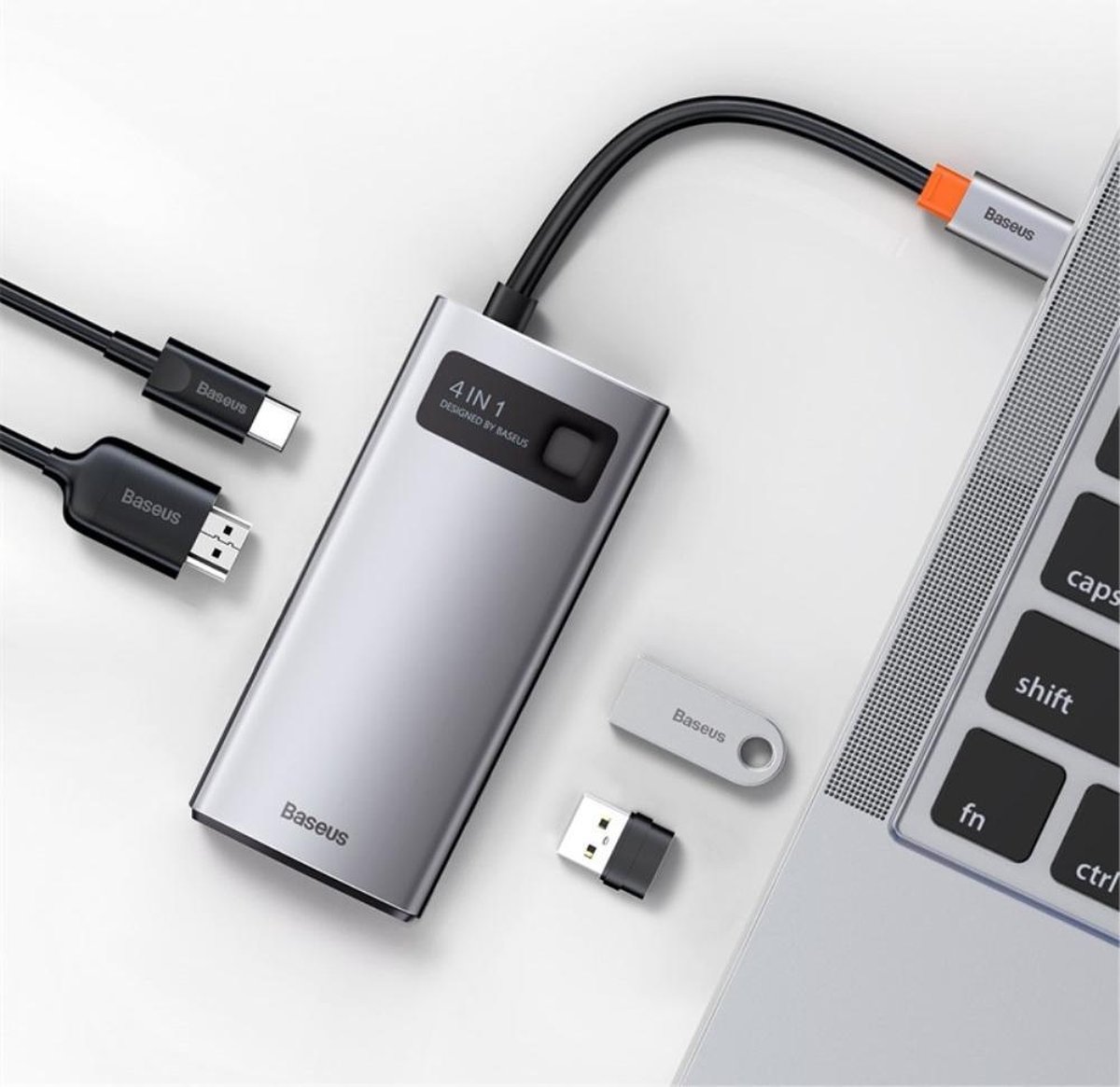 Baseus 4 in 1 usb c hub 3 orig - Baseus 4 In 1 Hub 2 USB-A HDMI USB-C Dockingstation (grijs)