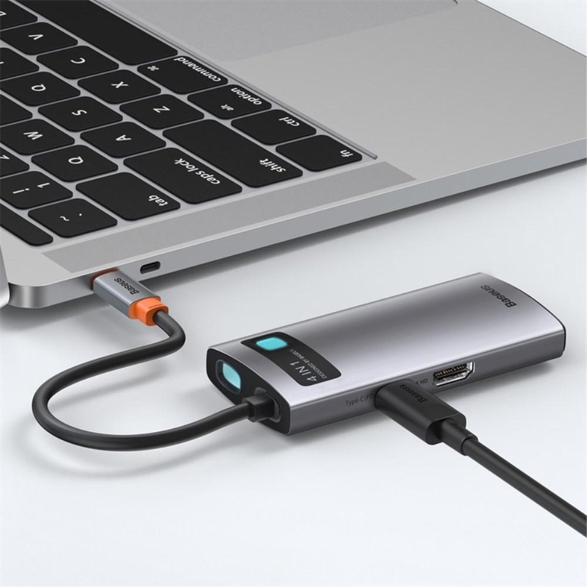 Baseus 4 in 1 usb c hub 5 orig - Baseus 4 In 1 Hub 2 USB-A HDMI USB-C Dockingstation (grijs)