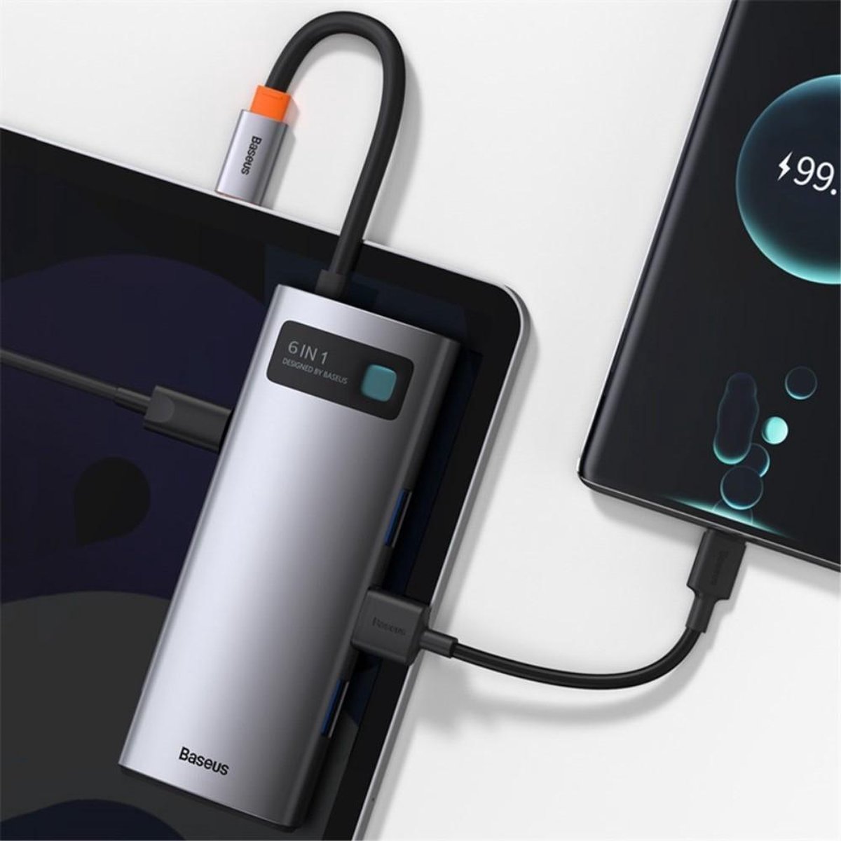 Baseus 6 in 1 multifunctionele usb gr 4 orig - BASEUS 6 In 1 Multifunctionele Hub USB-C Dockingstation (grijs)