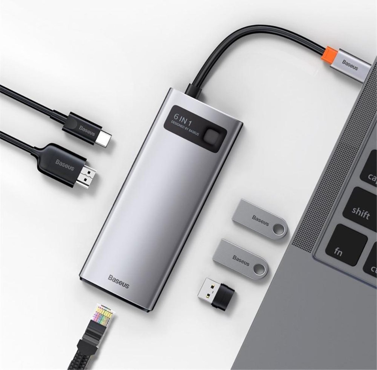 Baseus 6 in 1 multifunctionele usb gr 5 orig - BASEUS 6 In 1 Multifunctionele Hub USB-C Dockingstation (grijs)