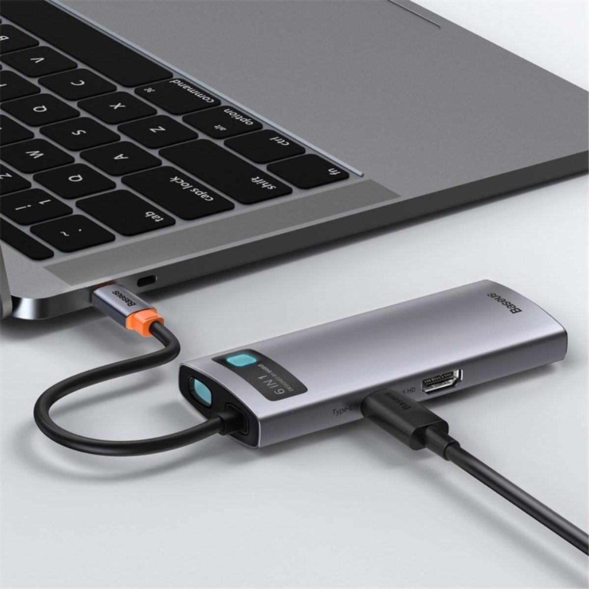Baseus 6 in 1 multifunctionele usb gr 6 orig - BASEUS 6 In 1 Multifunctionele Hub USB-C Dockingstation (grijs)