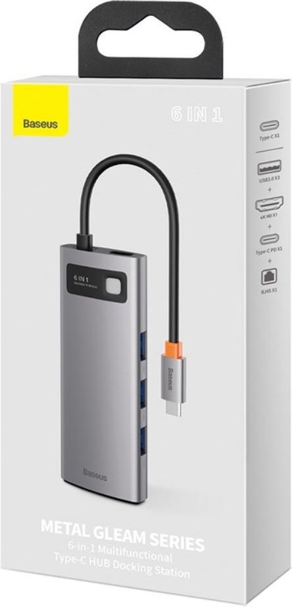 Baseus 6 in 1 multifunctionele usb gr 7 orig - BASEUS 6 In 1 Multifunctionele Hub USB-C Dockingstation (grijs)