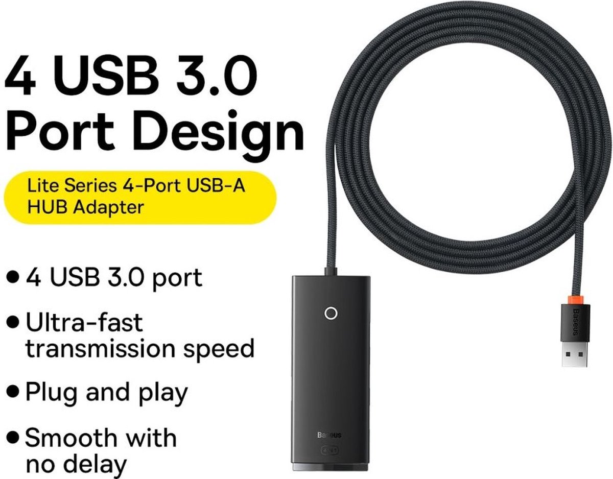 Baseus lite series hub 4 poorts usb 3 orig - Baseus Lite Series Hub 4-Poorts Naar 4Xusb-A USB-A USB-hub (zwart)