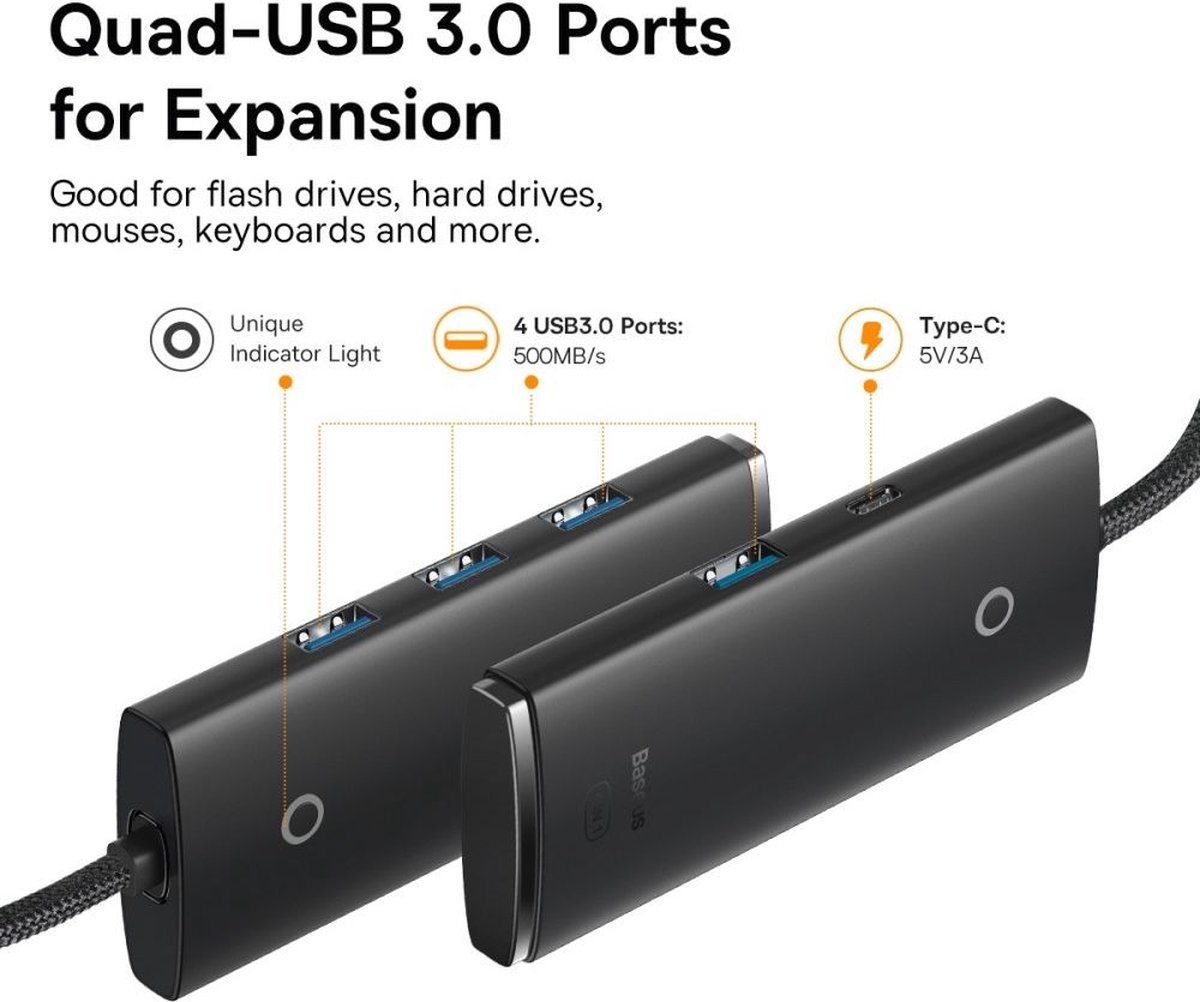 Baseus lite series hub 4 poorts usb 4 orig - Baseus Lite Series Hub 4-Poorts Naar 4Xusb-A USB-A USB-hub (zwart)