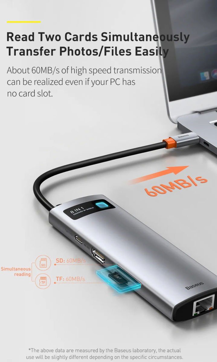 Baseus metal gleam 8in1 multifunction 7 orig - Baseus Metal Gleam 8In1 Multifunctionele USB-C Dockingstation (grijs)