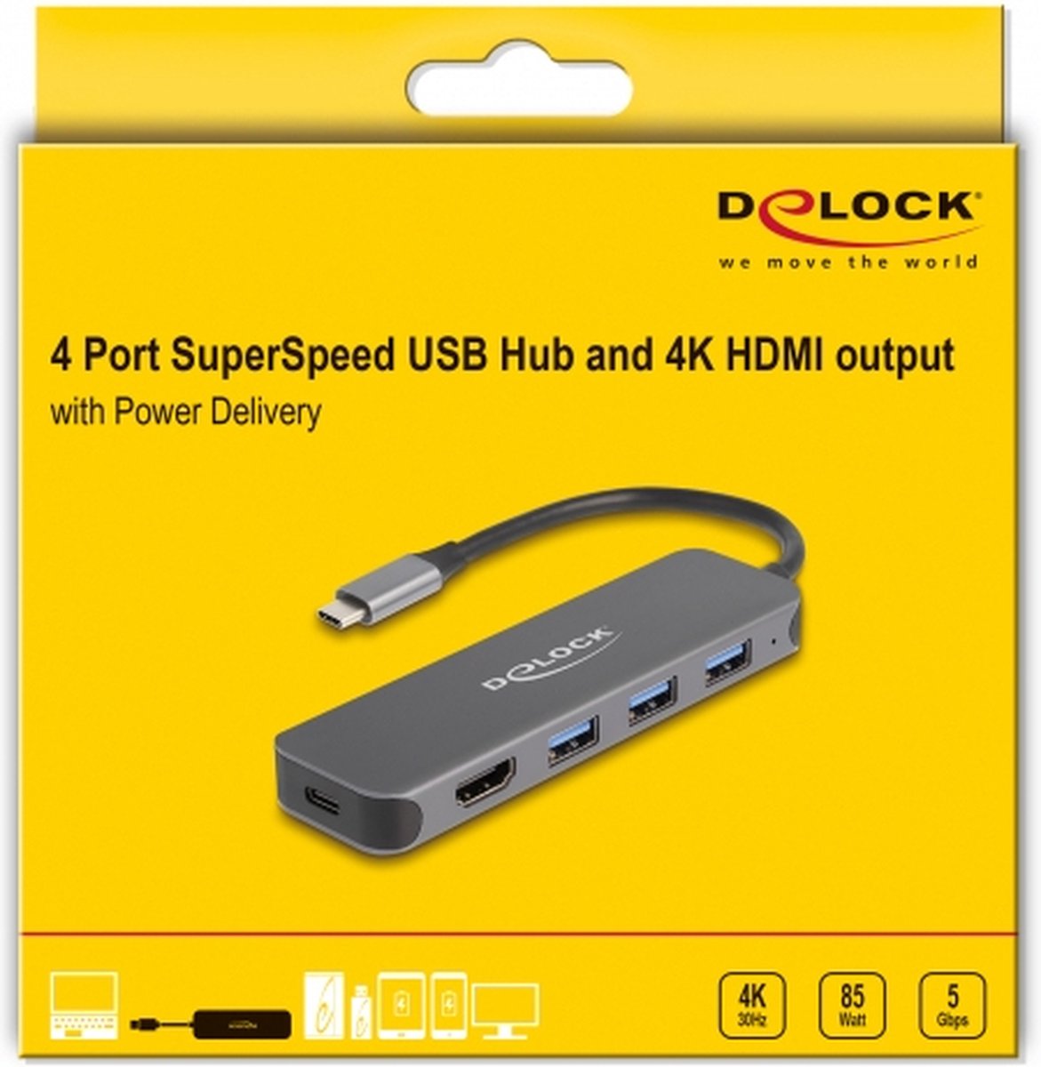 Delock 3 port usb hub and 4k 3 orig - Delock 3 Port USB Hub And 4K HDMI Output USB-C Poortreplicator (grijs)