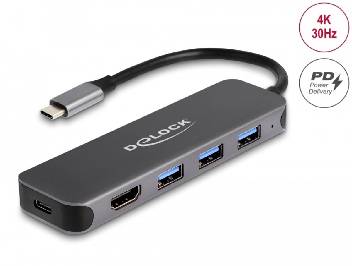Delock 3 port usb hub and 4k 4 orig - Delock 3 Port USB Hub And 4K HDMI Output USB-C Poortreplicator (grijs)