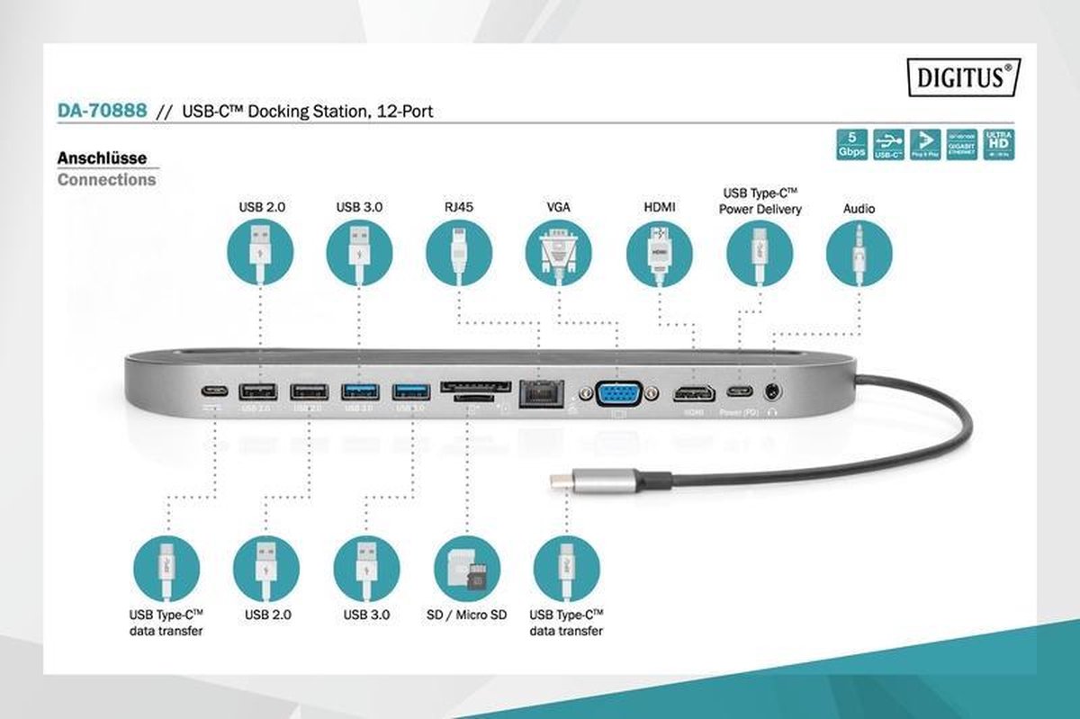 Digitus da 70888 usb c mini dockingsta 10 orig - Digitus Da-70888 Mini-Dockingstation USB-C Dockingstation (zwart)