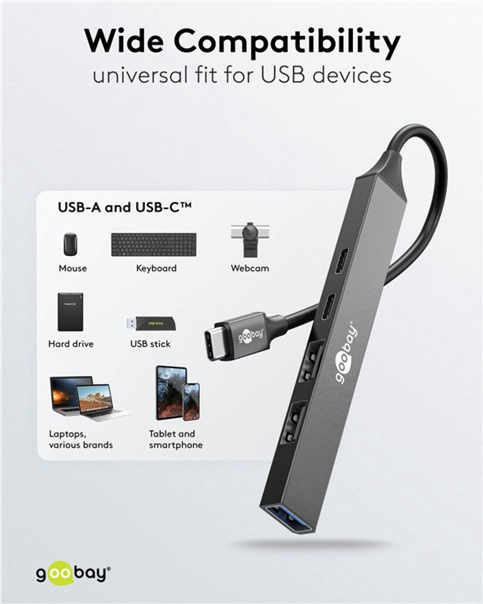 Goobay slanke usb hub met 5 poorten 2 orig - Goobay Slim 5-Poorts USB-C USB-hub (grijs)