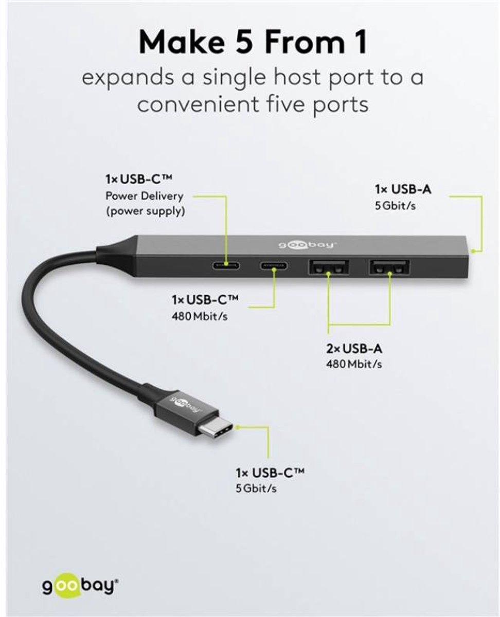 Goobay slanke usb hub met 5 poorten 4 orig - Goobay Slim 5-Poorts USB-C USB-hub (grijs)