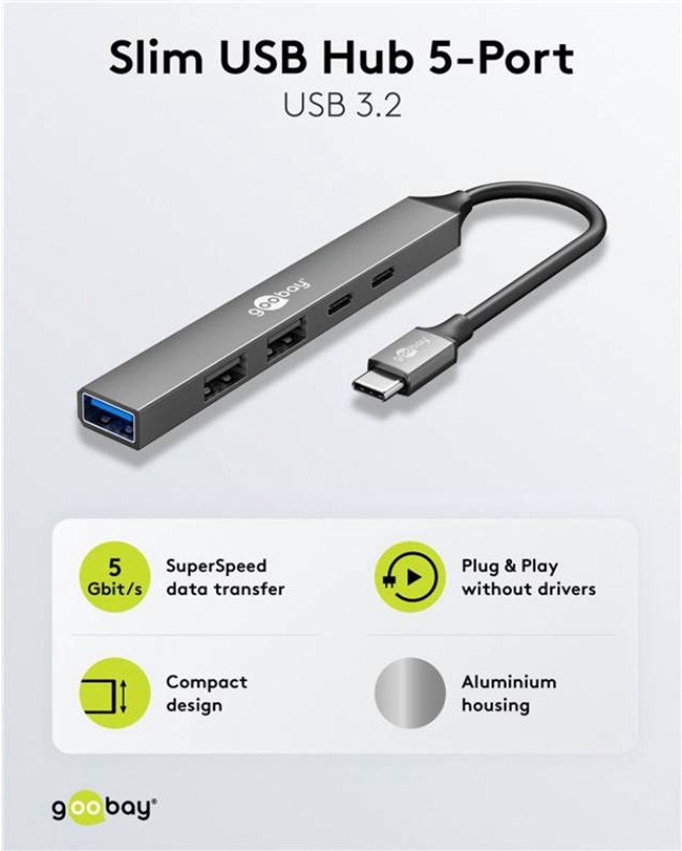 Goobay slanke usb hub met 5 poorten 5 orig - Goobay Slim 5-Poorts USB-C USB-hub (grijs)