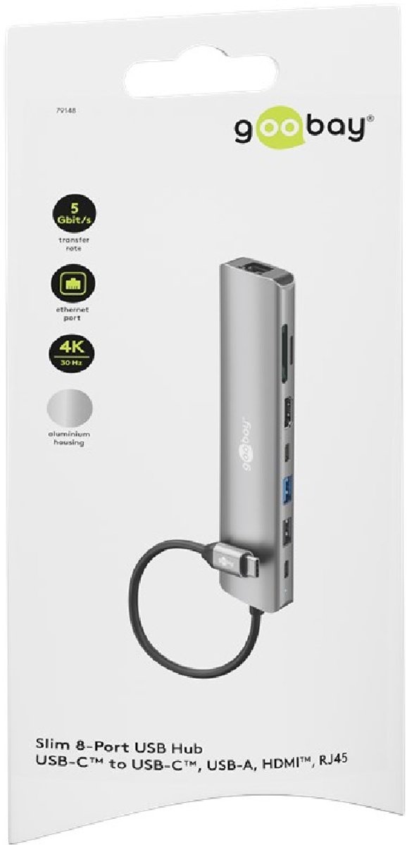 Goobay slim 8 poorts usb hub met 8581147 2 orig - Goobay 4K 30 Hz En 100 Mbit/S RJ45, Slanke USB-C USB-hub (grijs)