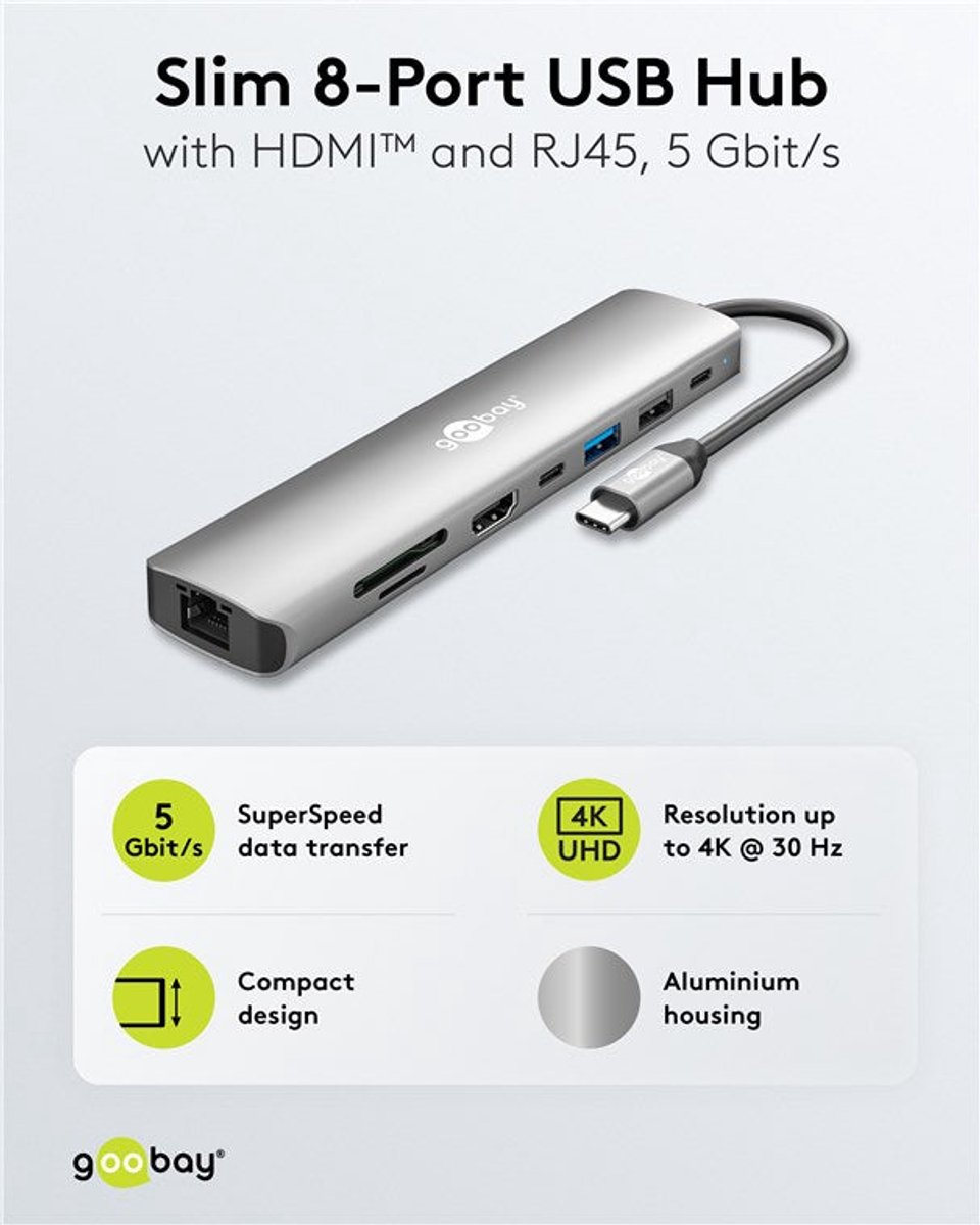 Goobay slim 8 poorts usb hub met 8581147 4 orig - Goobay 4K 30 Hz En 100 Mbit/S RJ45, Slanke USB-C USB-hub (grijs)