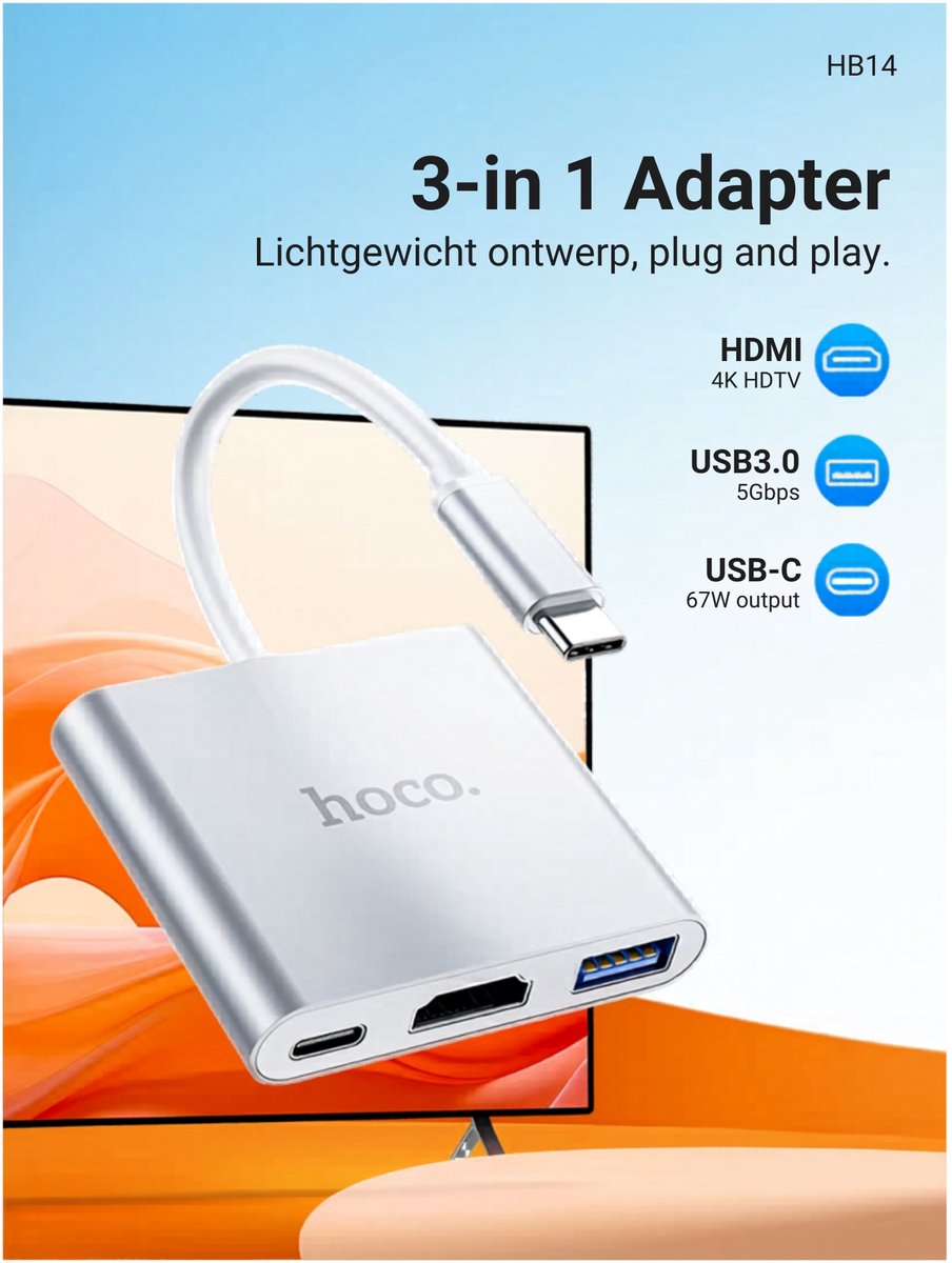Hoco usb c hub usb 3 0 2 orig - Hoco Hub USB 3.0 HDMI Geschikt Voor Apple Mac USB-C Dockingstation