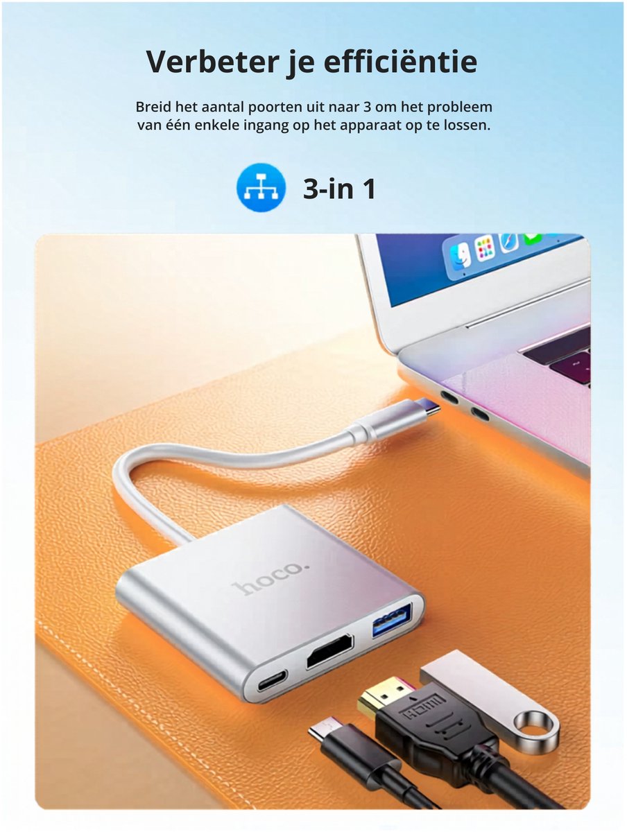 Hoco usb c hub usb 3 0 3 orig - Hoco Hub USB 3.0 HDMI Geschikt Voor Apple Mac USB-C Dockingstation
