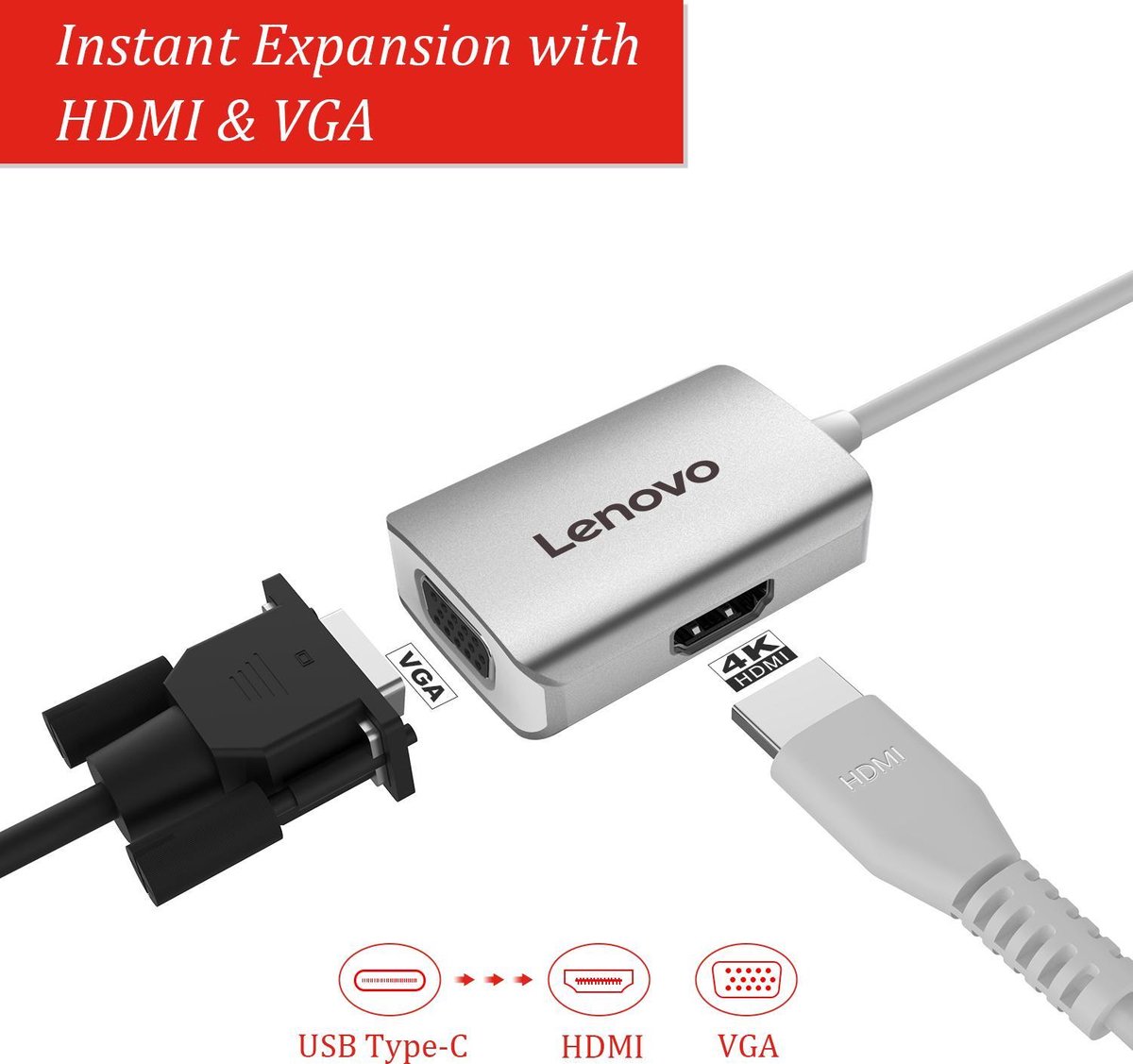 Lenovo usb c hub 4k en vga 2 orig - Lenovo Hub 4K HDMI En VGA Aluminium USB-C Poortreplicator