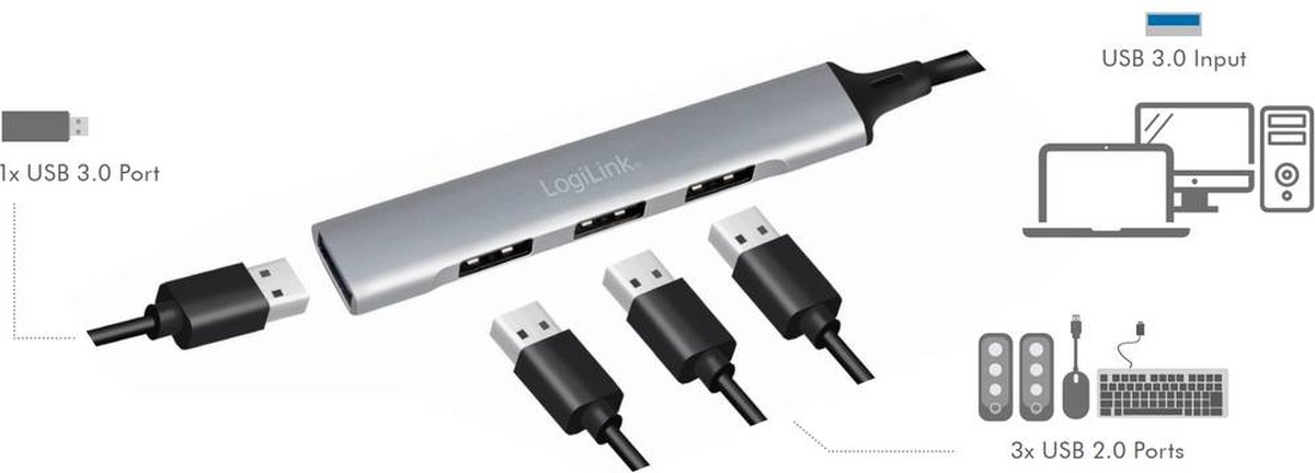 Logilink ua0391 usb 3 0 hub aluminium 3 orig - LogiLink Ua0391 USB 3.0-Hub Aluminium-Grijs USB-A USB-hub