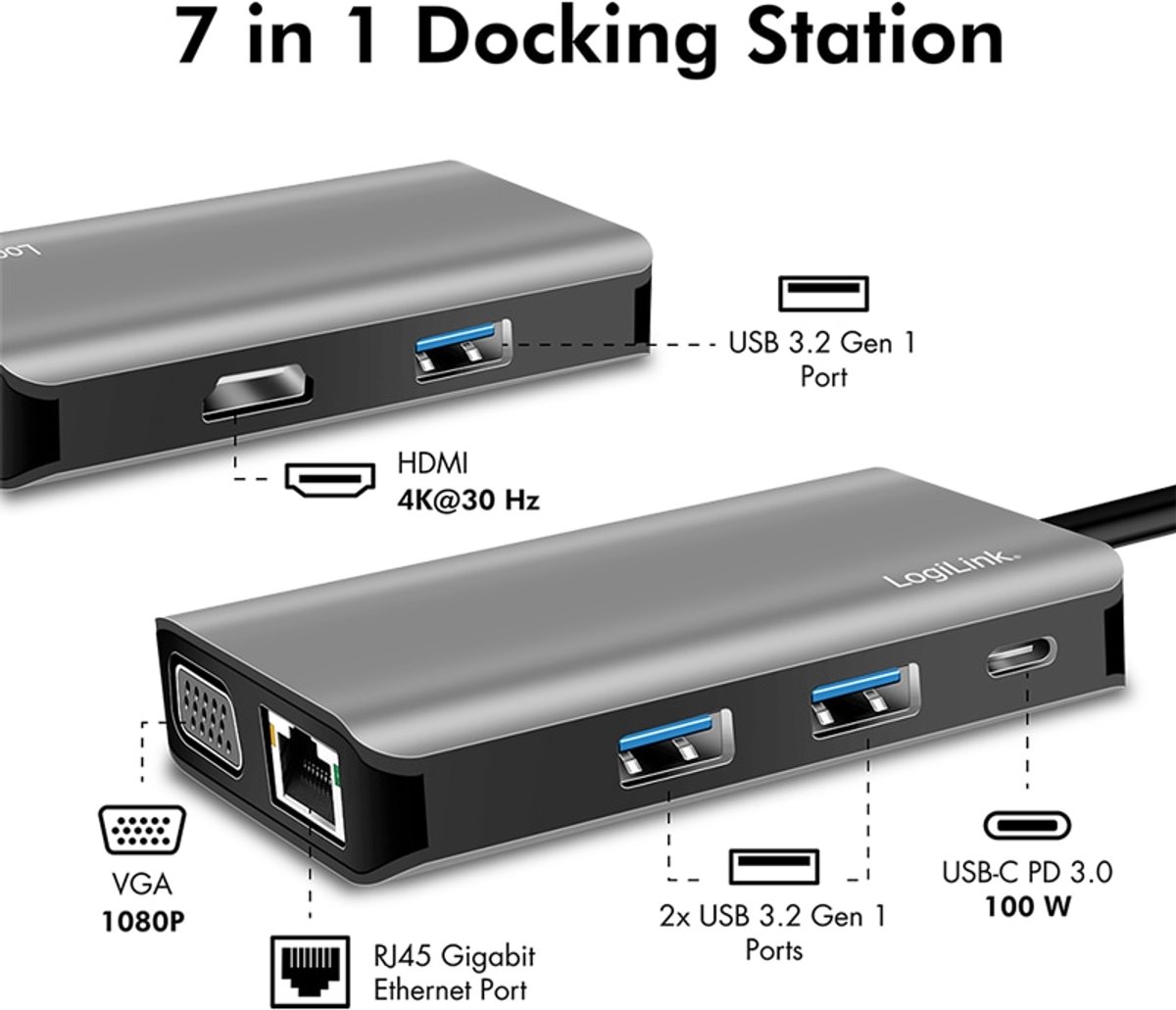 Logilink ua0410 usb c dockingstation ge 6 orig - LogiLink Ua0410 USB-C Dockingstation (grijs)